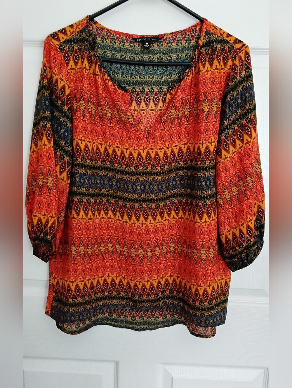 Signature Studio Orange and Navy Geometric V-Neck Tunic
